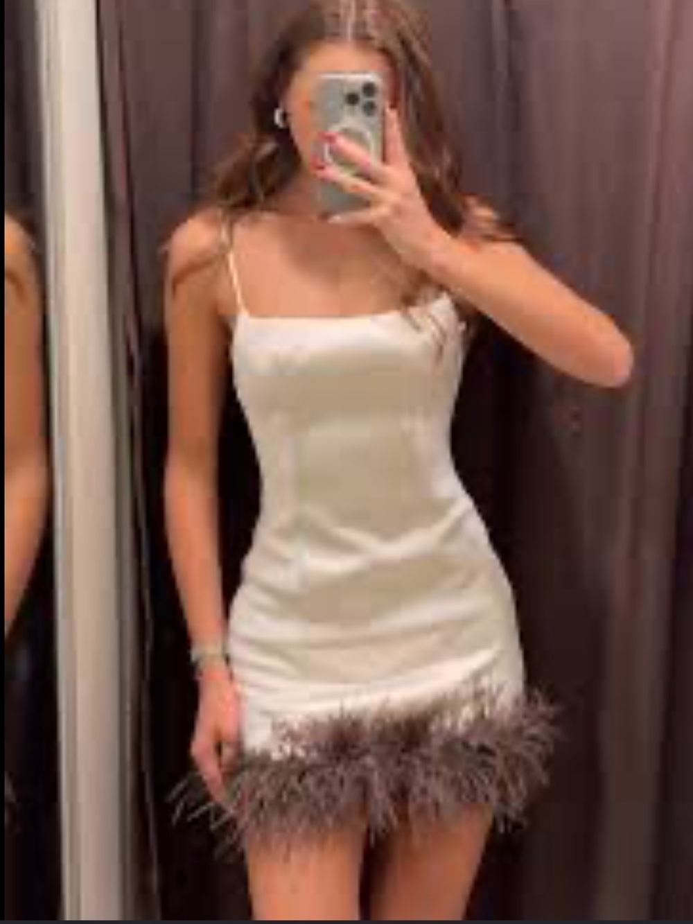 Zara Viral Feather Trim Mini Dress Ivory Brown Size S NWT